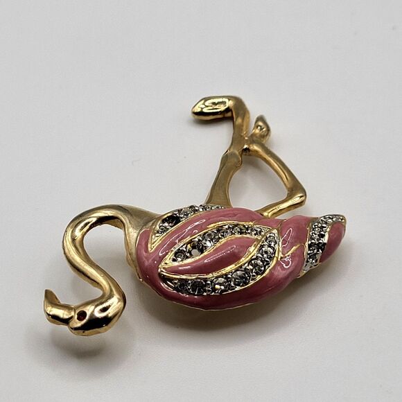 Pink Flamingo Brooch Pin AB Crystal Enamel Tropical Island Bird Gold Plated 2.2" - Picture 4 of 5
